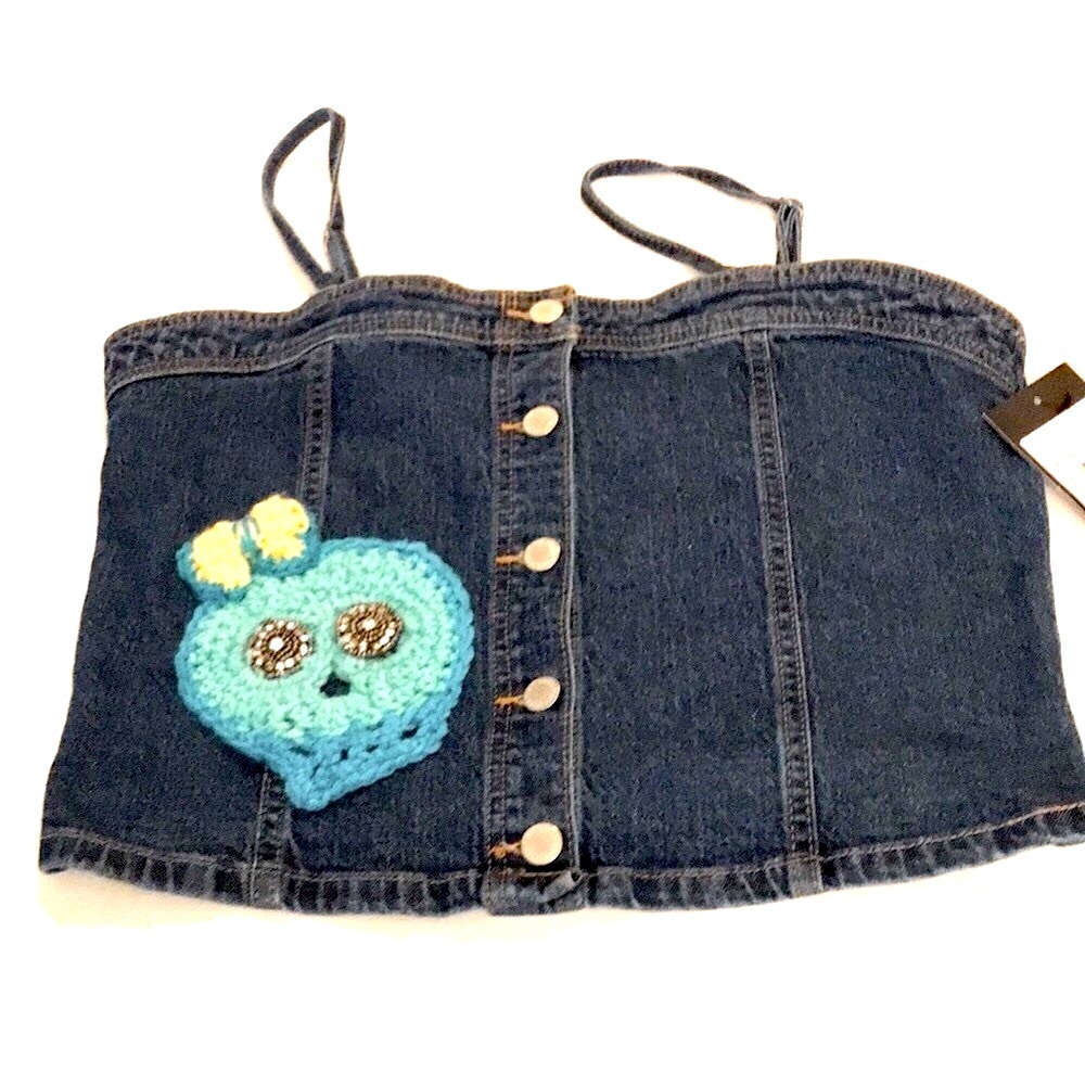 Girl’s UPCYCLED HAND CRAFTED & CROCHETED ART CLASS Denim Crop Top Sz 16/18 XXL - Picture 1 of 9